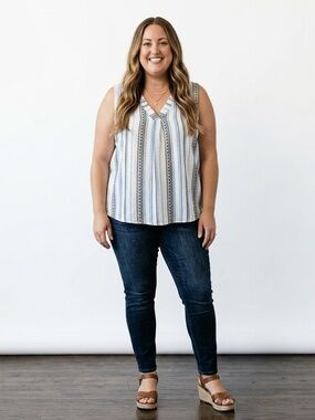 Perch Plus Size Striped Sleeveless Tank 3X | Lightweight Boho Summer Top | Blue